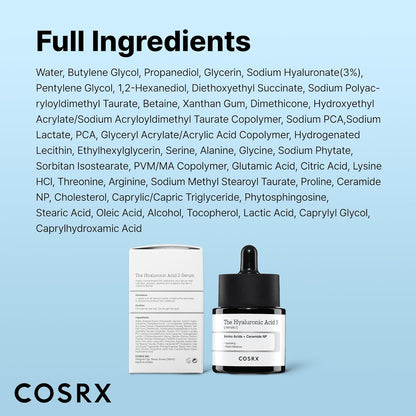 COSRX Suero de ácido hialurónico de sodio puro al 3%, hidratante y estimulante de la humedad para líneas finas y arrugas, repara la piel seca, 0.67 onzas líquidas, sin fragancia artificial, cuidado de