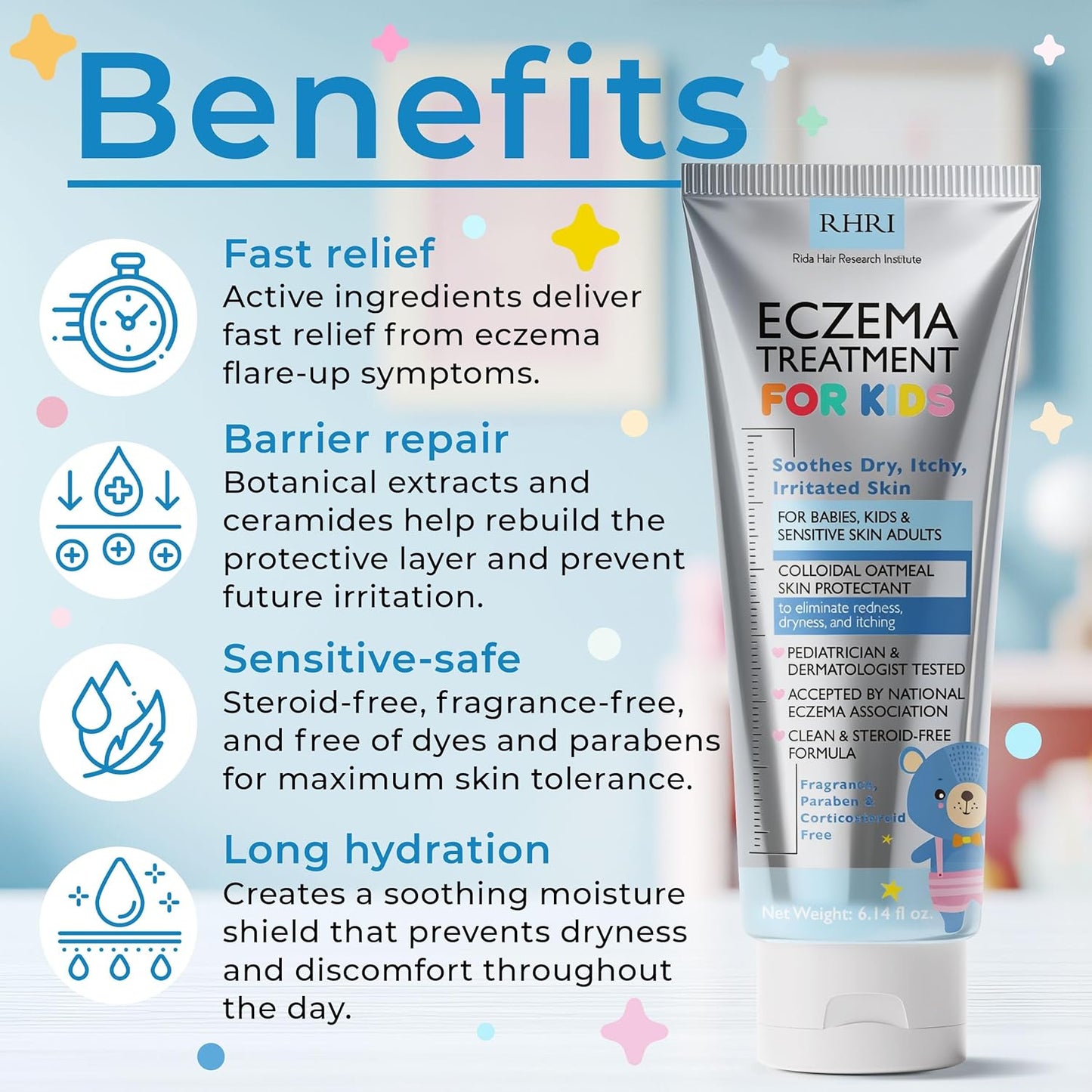 Crema para eccema para niños | Crema para eccema con avena coloidal | Cuidado de la piel de los niños para piel seca, picazón, roja e irritada con hidratación calmante | Hidratante para piel sensible