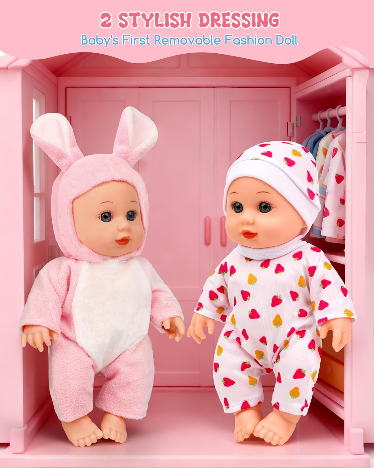 Juego de cochecito de muñeca con 2 trajes de muñeca, cochecito de bebé de juguete para muñecas con pañal, babero y mini bolsa, regalo imaginativo para juegos de roles para niños mayores de