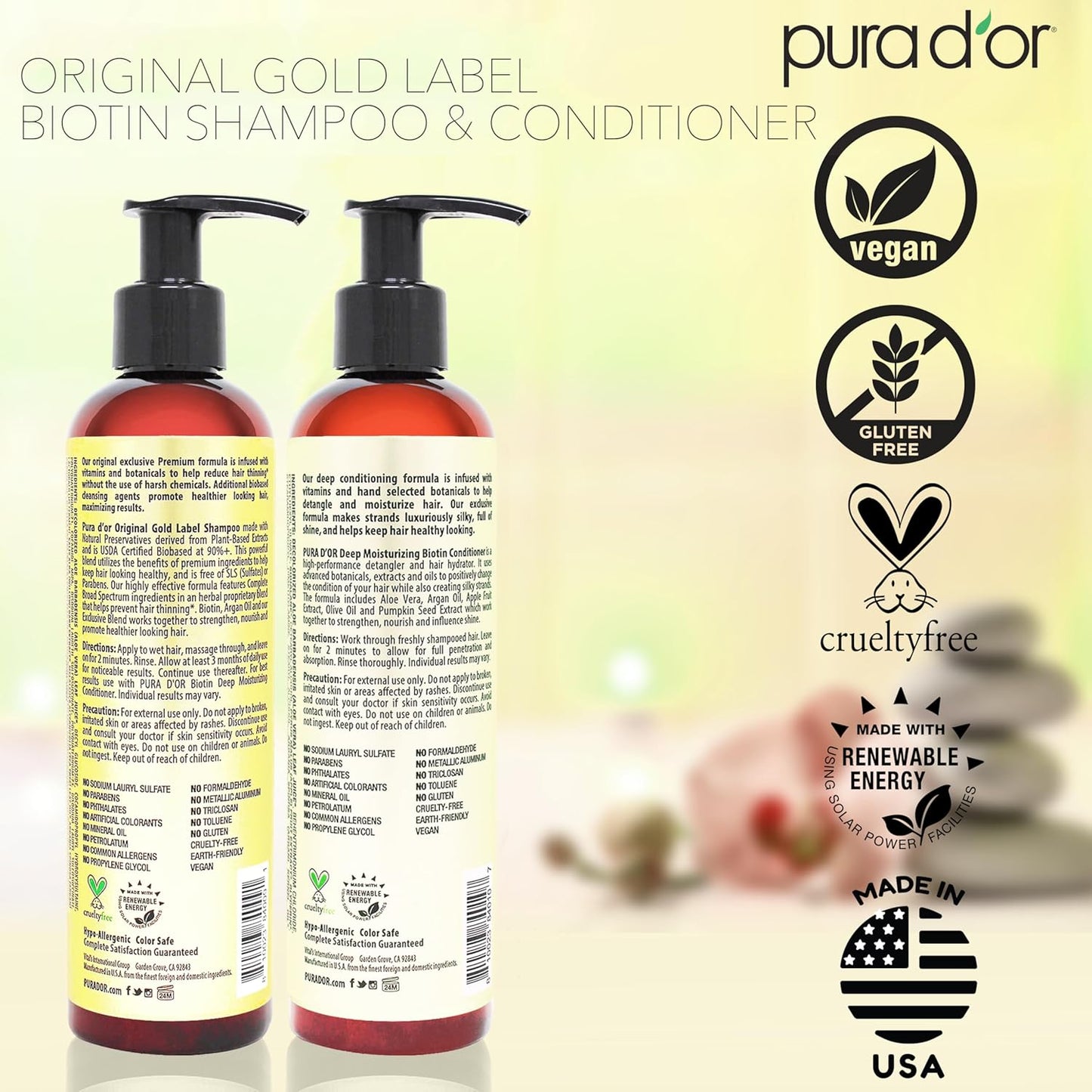 PURA D'OR Champú y acondicionador de biotina antiadelgazante, a...