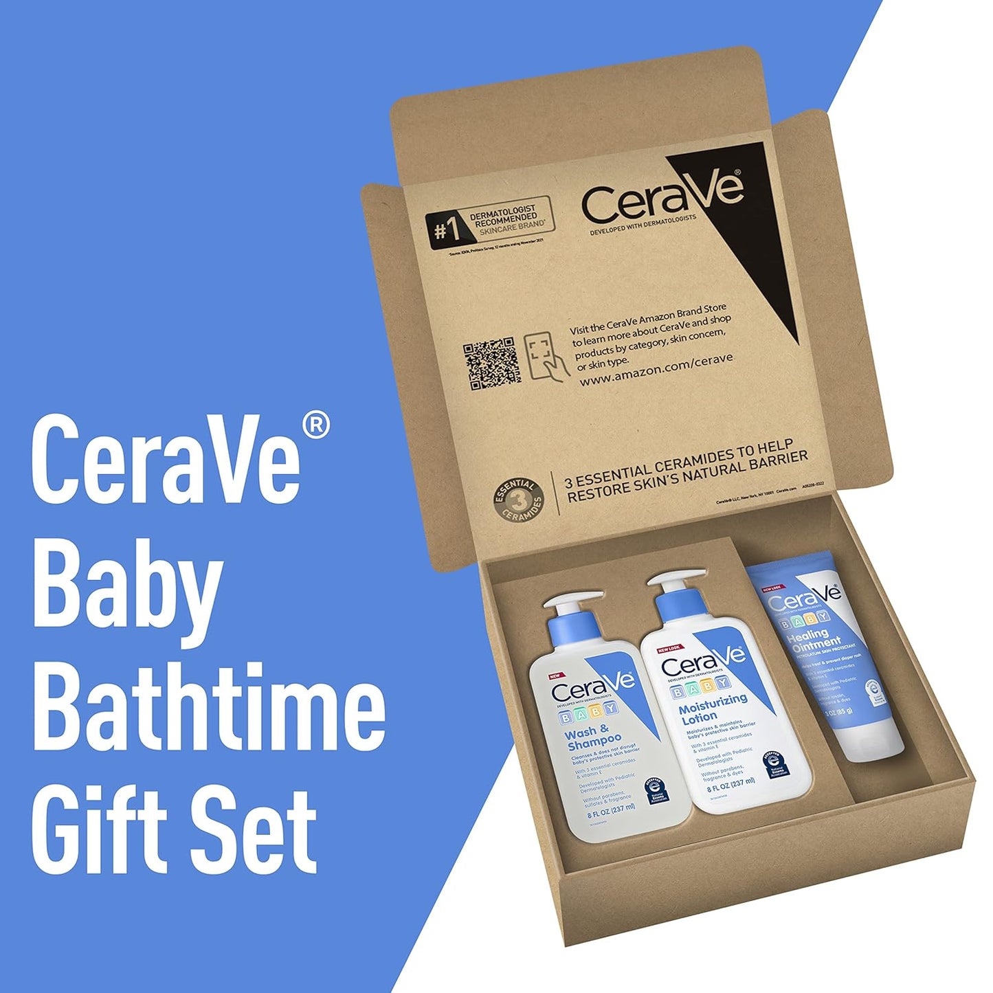 CeraVe Juego de baño para bebé, lavado y champú de 8 onzas + loción hidratante de 8 onzas + ungüento curativo de 3 onzas, sin fragancia, sin parabenos, sin ftalatos y sin lágrimas, artículos