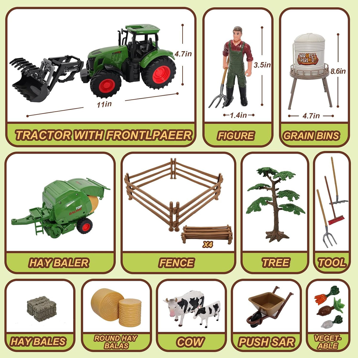 Peagprav Juego de juguetes de tractor de granja, empacadora redonda...