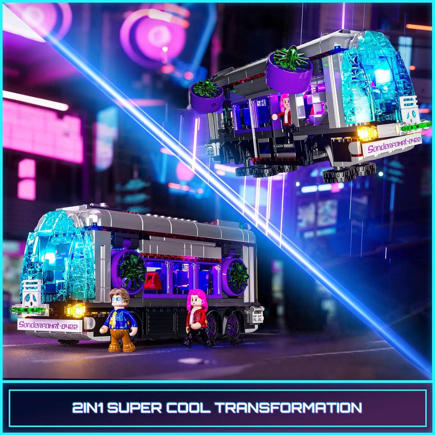 Cyberpunk Future-Bus - Juego de ladrillos de construcción, colección de vehículos del futuro de Cyberpunk City, luz LED, 2 en 1, modelo de automóvil, 605 piezas para adultos y amantes de la