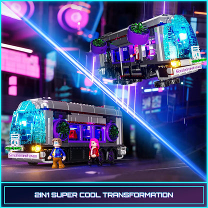 Cyberpunk Future-Bus - Juego de ladrillos de construcción, colección de vehículos del futuro de Cyberpunk City, luz LED, 2 en 1, modelo de automóvil, 605 piezas para adultos y amantes de la