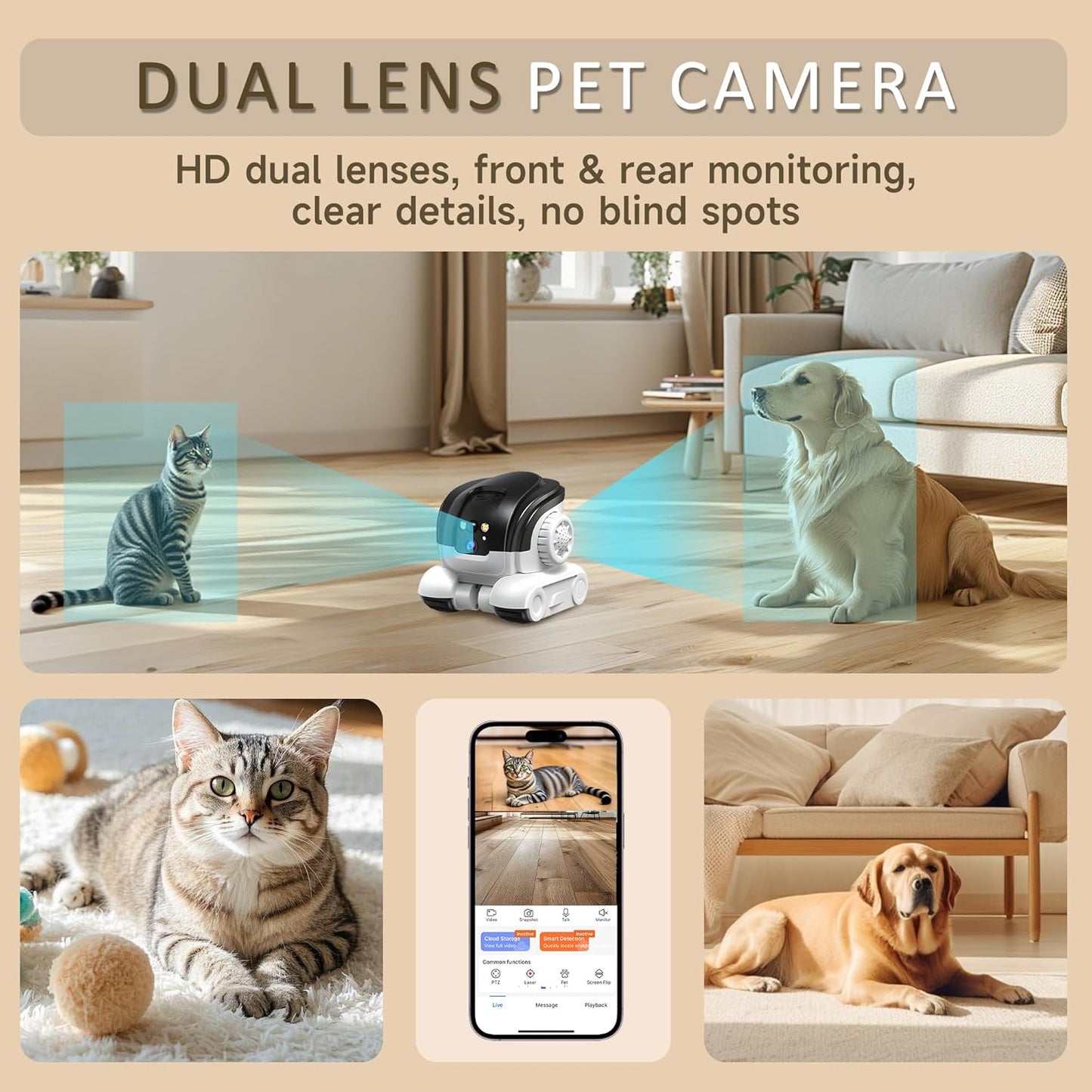 Cámara para mascotas, robot móvil 1080P para interiores con aplicac...