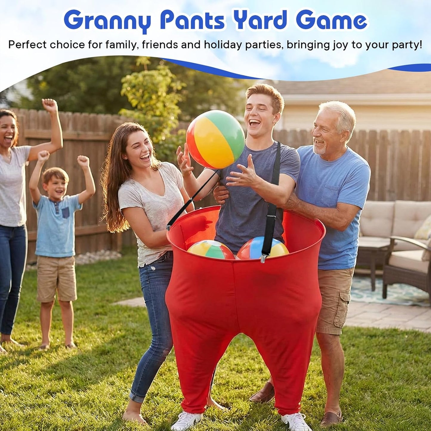 Juego de 2 pantalones de abuela con tirantes, 16 bolas hinchables y 2 bombas, divertido juego de fiesta al aire libre para adultos, niños, reuniones familiares y días de campo