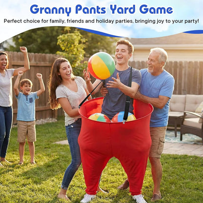 Juego de 2 pantalones de abuela con tirantes, 16 bolas hinchables y 2 bombas, divertido juego de fiesta al aire libre para adultos, niños, reuniones familiares y días de campo