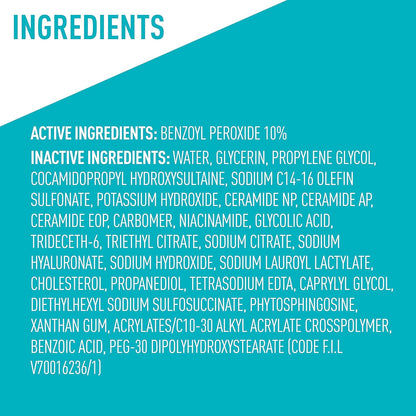 CeraVe Crema Espumosa Limpiadora para el Acné, Limpiador Suave para Rostro y Cuerpo con Peróxido de Benzoilo al 10%, Ácido Hialurónico y Niacinamida, Tratamiento con Peróxido de Benzoilo al 10% que