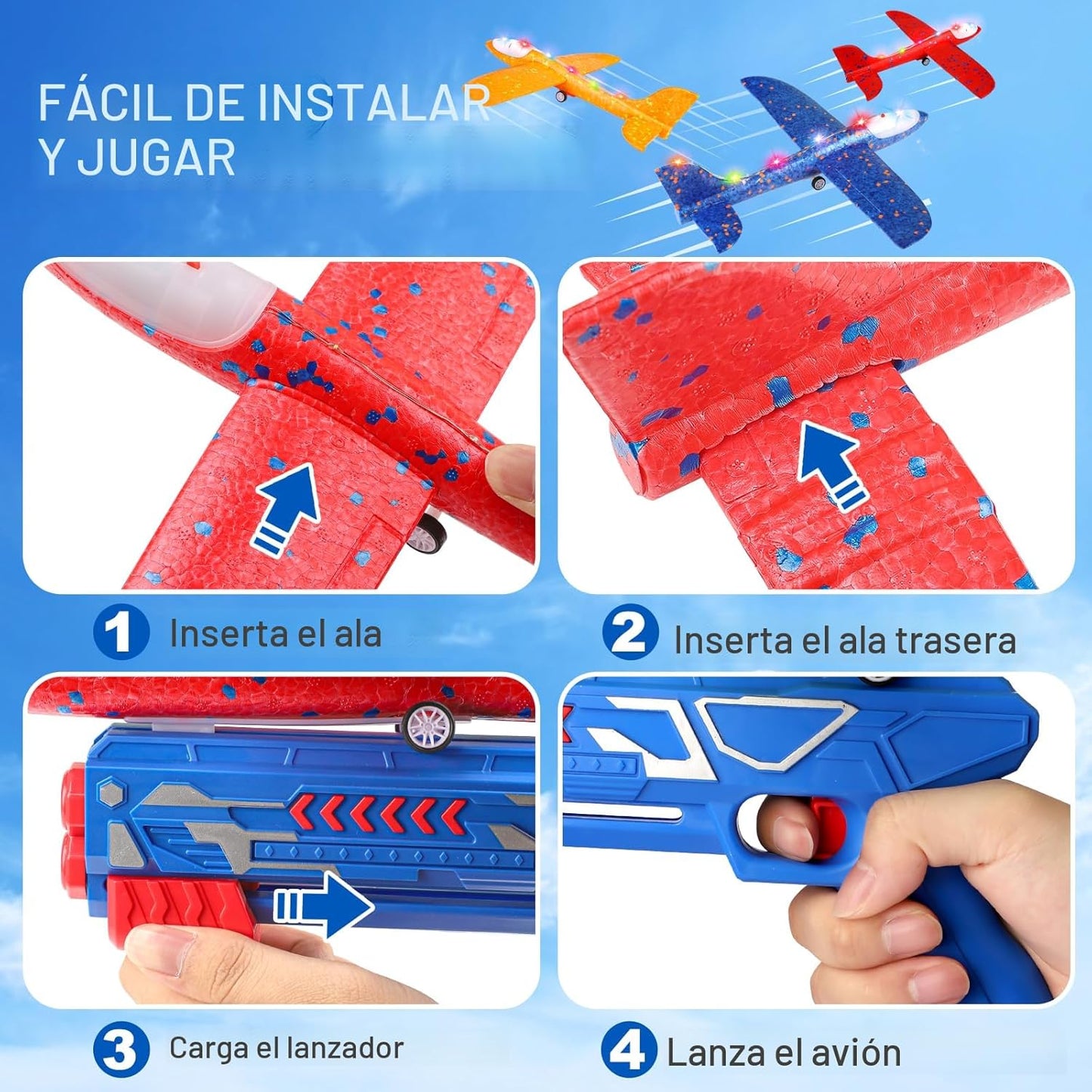 Paquete de 3 Juguetes Lanzadores de Avión, Planeador de Espuma LED...
