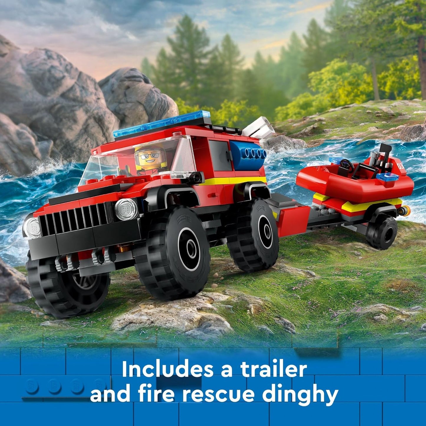 LEGO City Camión de Bomberos 4x4 con Bote de Rescate Juguete para Niños de 5 Años en Adelante, Juego de Simulación para Niños y Niñas con un Juguete de Camión, Remolque, Lancha Auxiliar y Tienda de