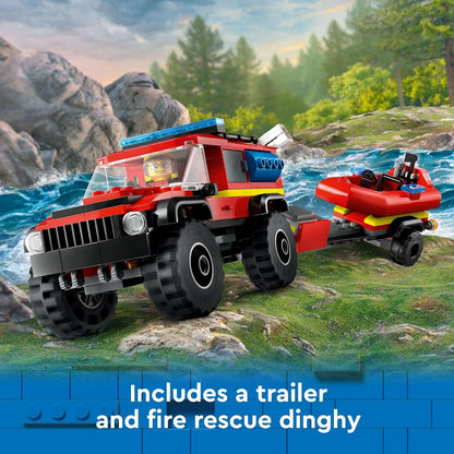 LEGO City Camión de Bomberos 4x4 con Bote de Rescate Juguete para Niños de 5 Años en Adelante, Juego de Simulación para Niños y Niñas con un Juguete de Camión, Remolque, Lancha Auxiliar y Tienda de