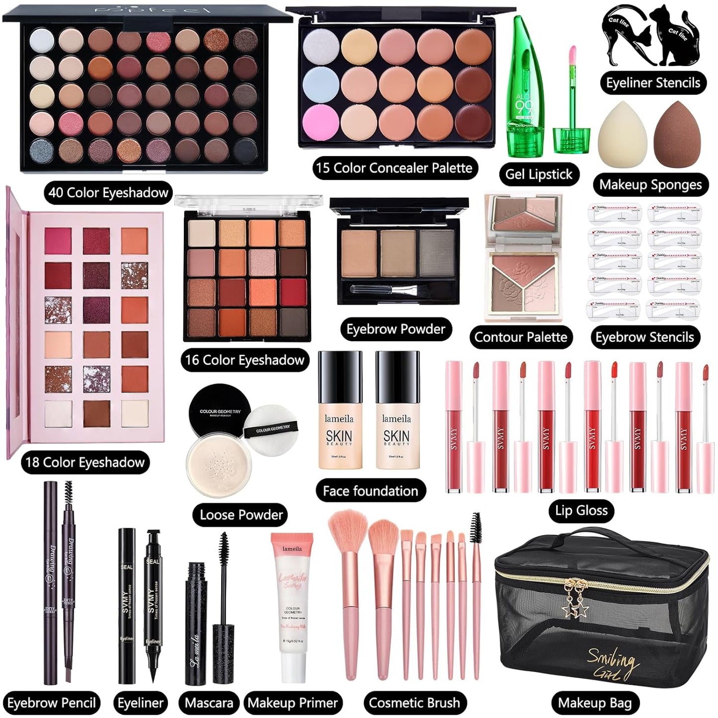 Kit de maquillaje todo en uno para mujer, kit completo de maquillaje, juego de regalo de maquillaje para mujer, paquete esencial de maquillaje incluye base, imprimación facial, paleta de sombras de