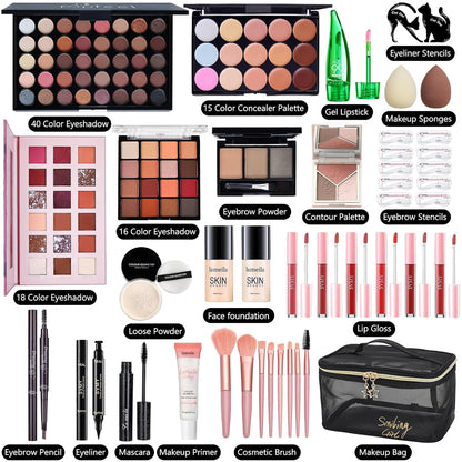 Kit de maquillaje todo en uno para mujer, kit completo de maquillaje, juego de regalo de maquillaje para mujer, paquete esencial de maquillaje incluye base, imprimación facial, paleta de sombras de