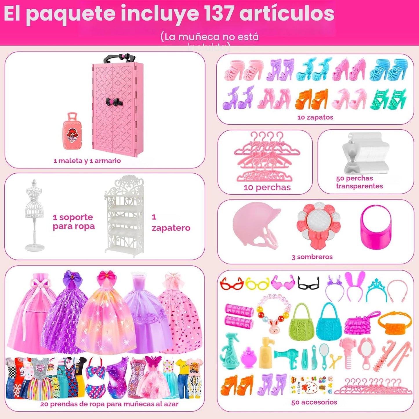137 piezas de ropa y accesorios de muñeca para guardar en el armari...