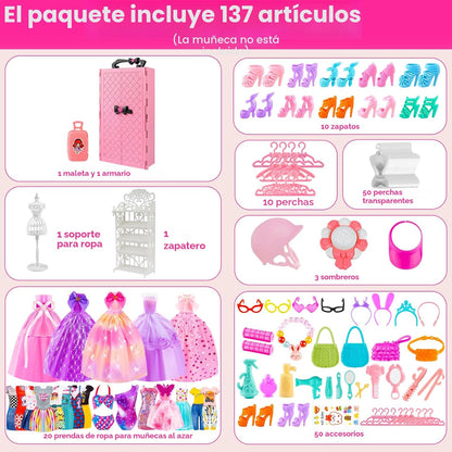 137 piezas de ropa y accesorios de muñeca para guardar en el armari...
