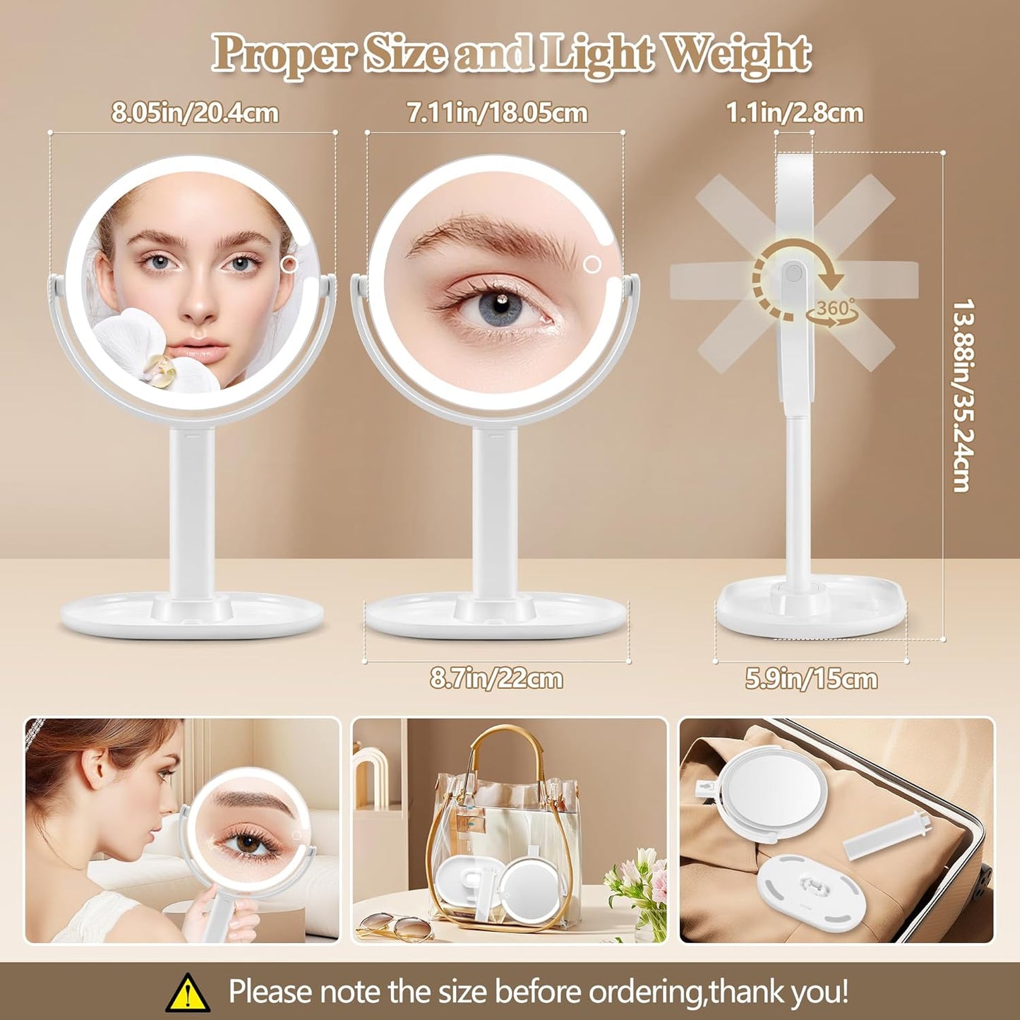 MOMOKUBA Espejo de maquillaje con luces, espejo de aumento de doble...