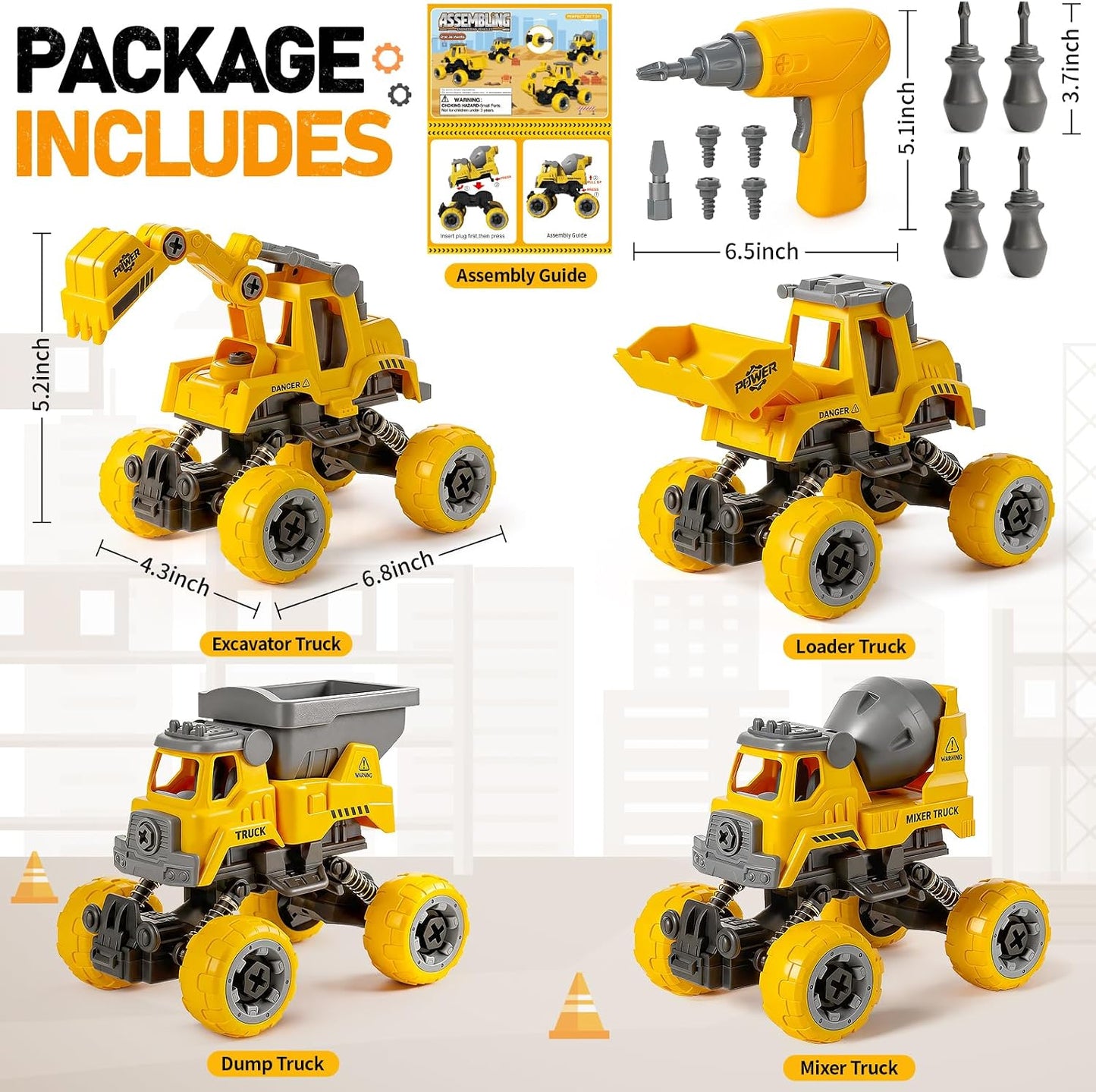 Camión de construcción desmontable para niños de 3 a 8 años, 4 jugu...