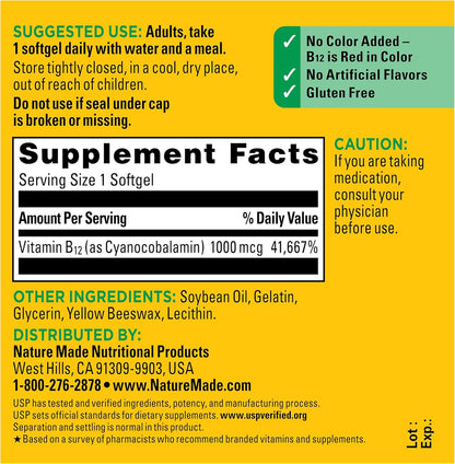 Nature Made Vitamina B12 1000 mcg, suplemento dietético para apoyo...