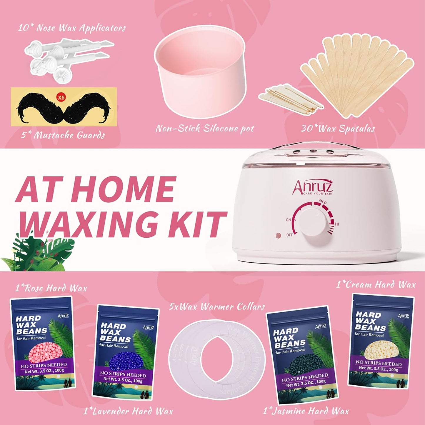 Anruz Kit de depilación para mujeres y hombres, kit de calentador d...