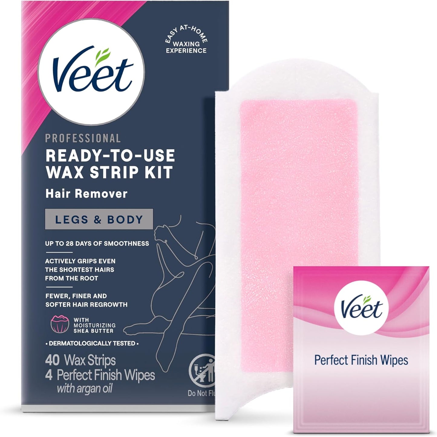 VEET Tiras de cera de azúcar para depilación corporal de mujer, kit de depilación de bikini, púbico, dermatológicamente probado para áreas corporales e íntimas, 40 tiras de cera con manteca de karité