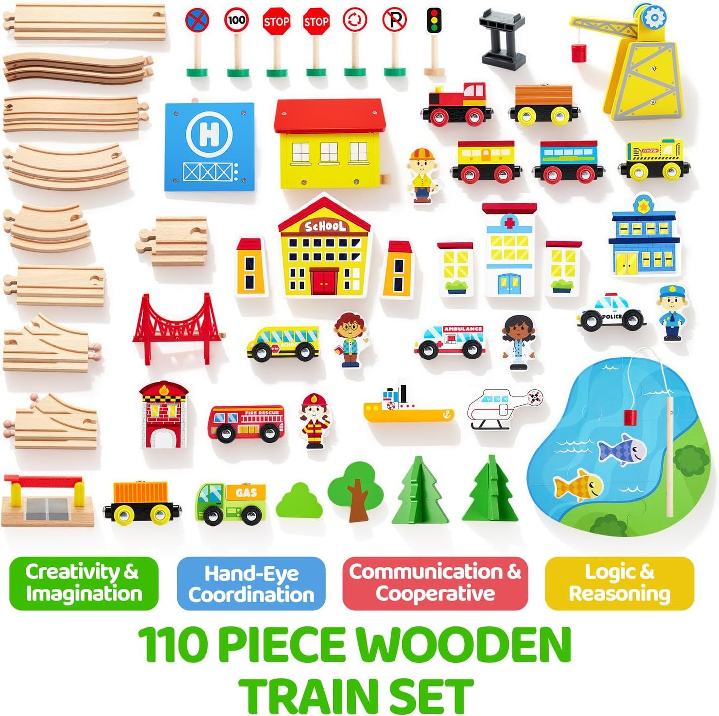 Juego de trenes de madera de 110 piezas - Trenes magnéticos de jugu...