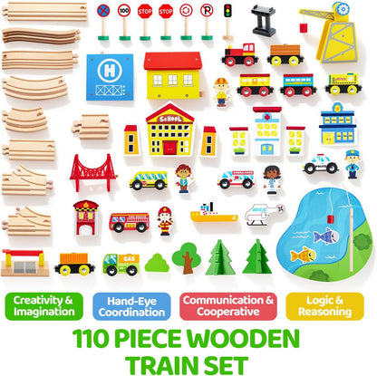 Juego de trenes de madera de 110 piezas - Trenes magnéticos de jugu...