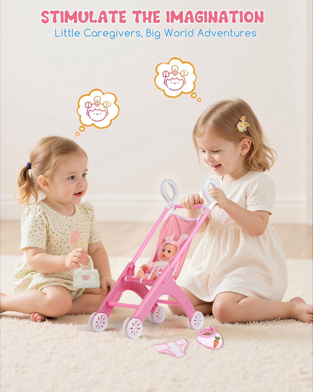 Juego de cochecito de muñeca con 2 trajes de muñeca, cochecito de bebé de juguete para muñecas con pañal, babero y mini bolsa, regalo imaginativo para juegos de roles para niños mayores de