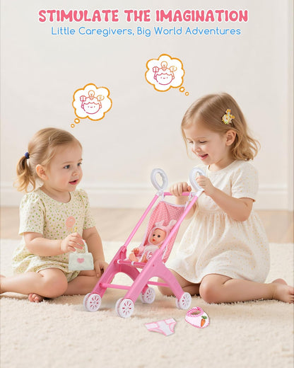 Juego de cochecito de muñeca con 2 trajes de muñeca, cochecito de bebé de juguete para muñecas con pañal, babero y mini bolsa, regalo imaginativo para juegos de roles para niños mayores de