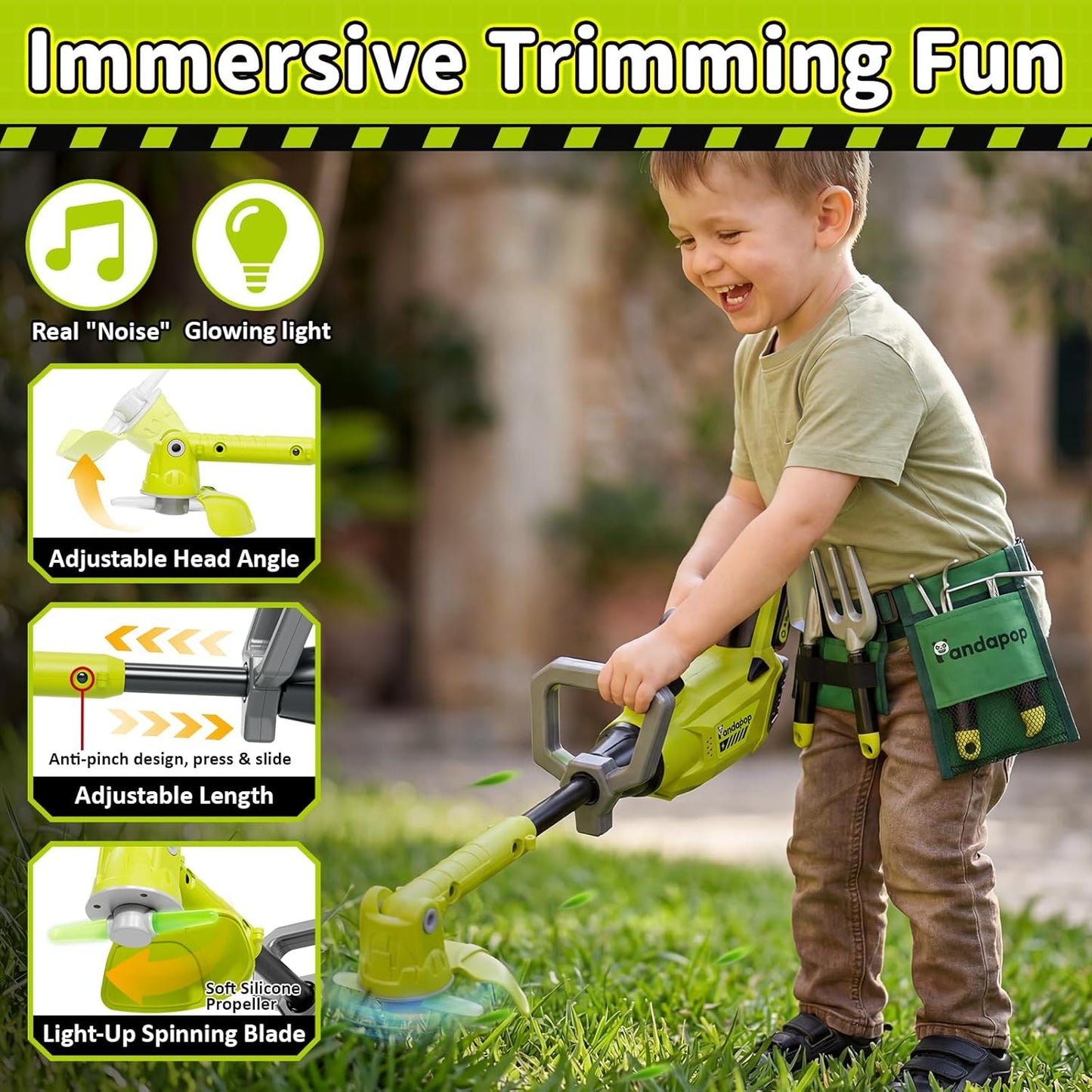Pandapop Juego de herramientas de jardinería para niños, soplador de hojas 2 en 1 para niños y cortacésped de juguete con sonidos y luces, juego de herramientas para niños con cinturón y guantes