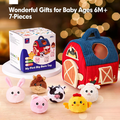 hahaland - Juguetes para bebés de 6-12 meses, juego de granero con animales de peluche de granja, sonajero, papel crujiente, espejo, juguetes montessori sensoriales para niños pequeños de 1-3 años