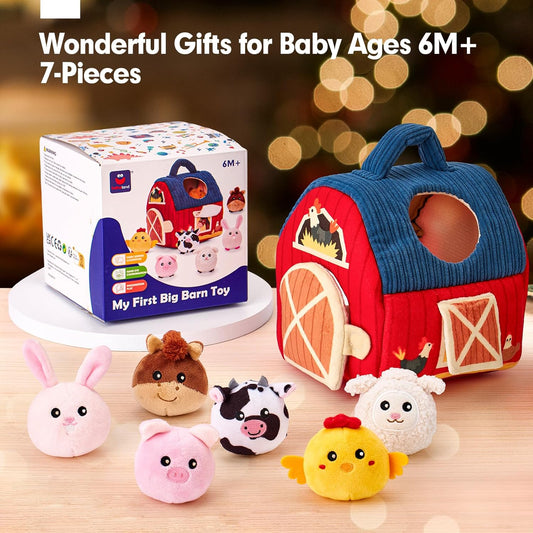 hahaland - Juguetes para bebés de 6-12 meses, juego de granero con animales de peluche de granja, sonajero, papel crujiente, espejo, juguetes montessori sensoriales para niños pequeños de 1-3 años