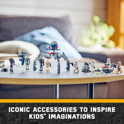 LEGO Star Wars 75372 - Paquete de batalla de soldado clon y droide de batalla para niños, vehículo de bicicleta Speeder de juguete construible, Tri-Droid y poste defensivo, coleccionable, regalo para