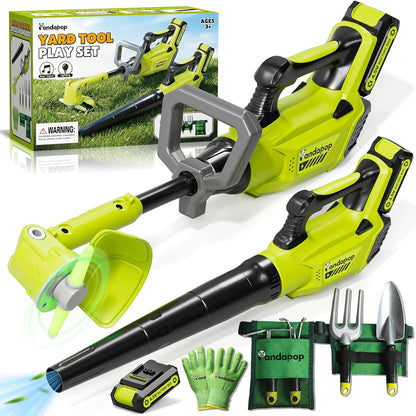 Pandapop Juego de herramientas de jardinería para niños, soplador de hojas 2 en 1 para niños y cortacésped de juguete con sonidos y luces, juego de herramientas para niños con cinturón y guantes
