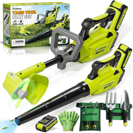 Pandapop Juego de herramientas de jardinería para niños, soplador de hojas 2 en 1 para niños y cortacésped de juguete con sonidos y luces, juego de herramientas para niños con cinturón y guantes