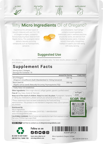 Micro Ingredients Cápsulas Blandas de Aceite de Orégano, 150 Unidad...