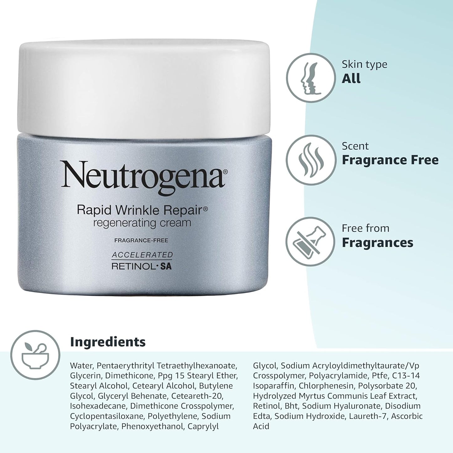 Neutrogena - Crema facial regeneradora de retinol y ácido hialurónico para reparación rápida de arrugas y crema hidratante para el cuello antiarrugas, con ácido hialurónico y retinol, 1.7 onzas