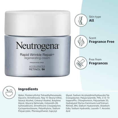 Neutrogena - Crema facial regeneradora de retinol y ácido hialurónico para reparación rápida de arrugas y crema hidratante para el cuello antiarrugas, con ácido hialurónico y retinol, 1.7 onzas