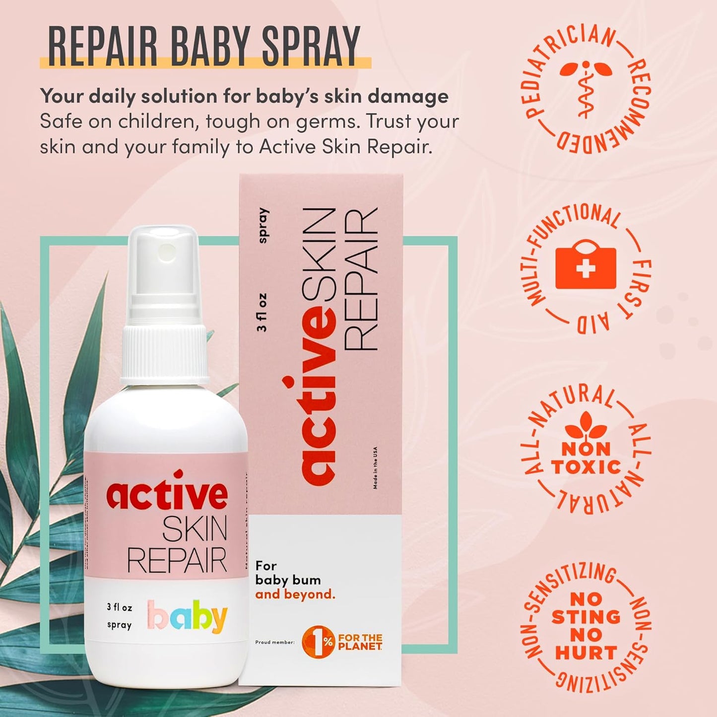 Active Skin Repair Natural, no tóxico, sin picaduras en aerosol para bebés, primeros auxilios, seguro para su uso en sarpullido del pañal, acné del bebé, eczema, cortes, heridas, rasguños y otras