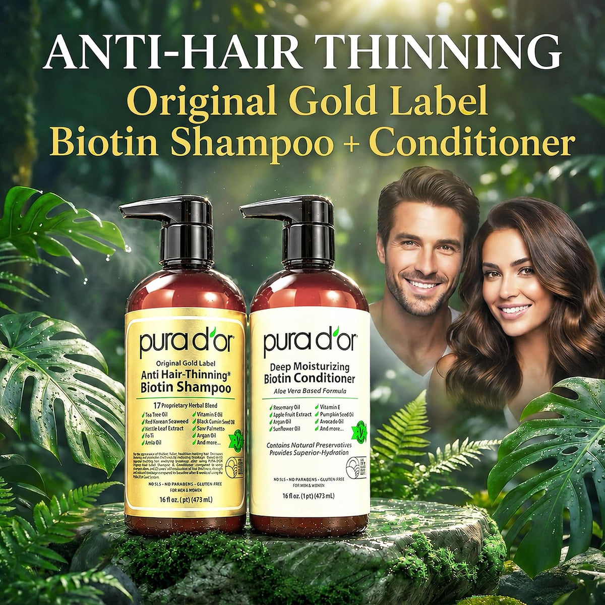 PURA D'OR Gold Label - Champú y acondicionador de biotina antia...