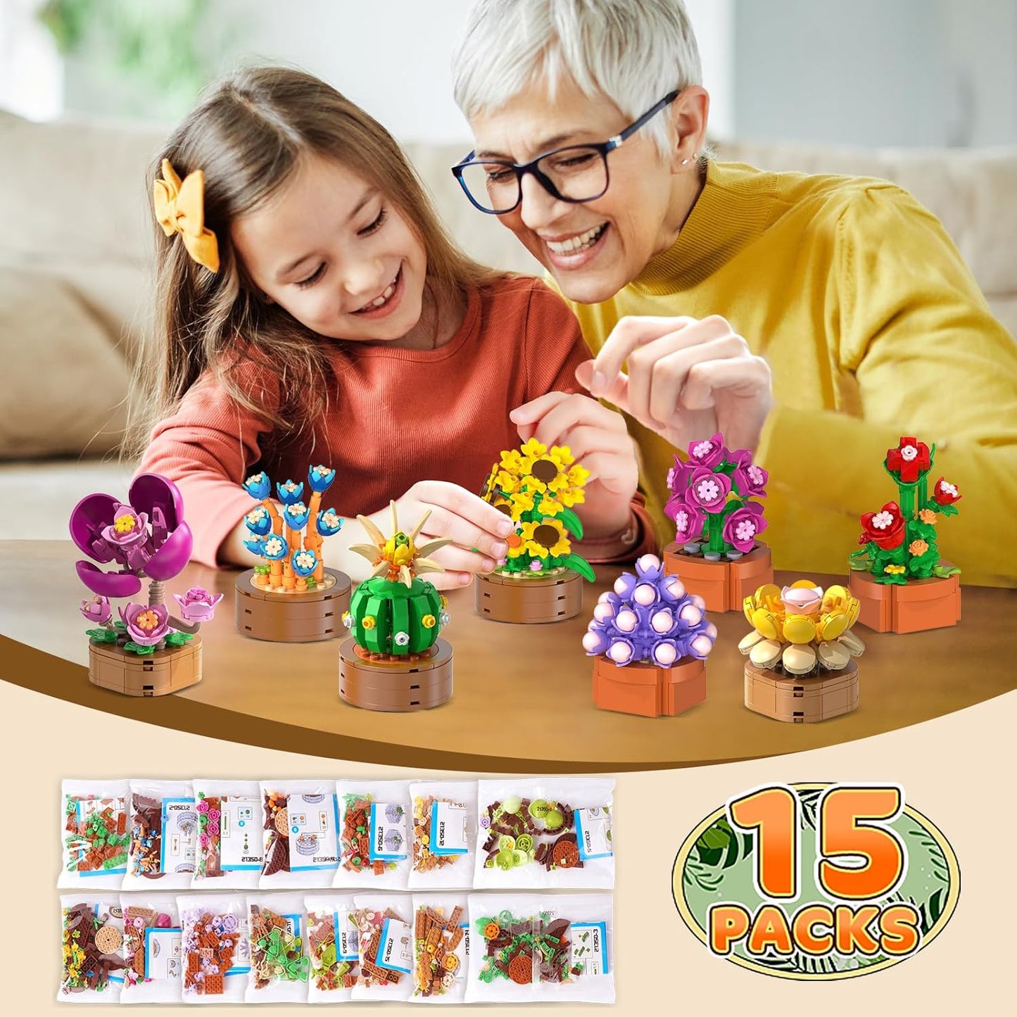 Paquete de 15 mini construcción de flores y plantas, 1314 piezas de suculentas de flores de 0.142 in, colección botánica, juguete de bloque para decoración del hogar, oficina, regalos de cumpleaños de Pascua para adultos, mujeres, niños y niñas mayores de