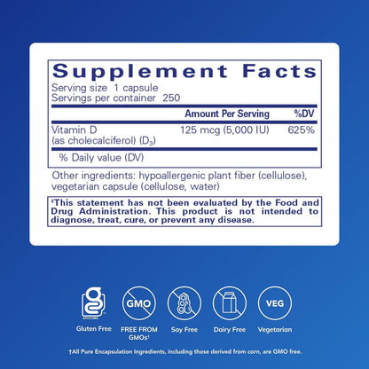 Pure Encapsulations Vitamina D3 125 mcg (5,000 UI) - Suplemento par...