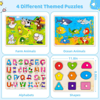 Rompecabezas de madera con clavos para niños pequeños de 2, 3 y 4 años, 4 paquetes de juguetes Montessori para preescolar, rompecabezas de aprendizaje para niños pequeños de 1 a 3 años con animales