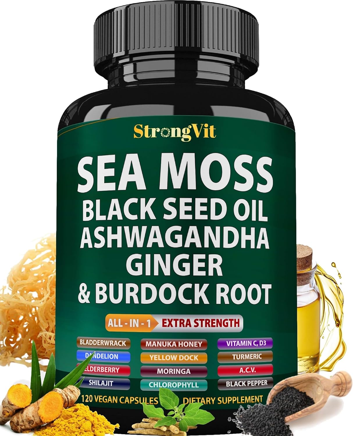Aceite de Semilla Negra de Musgo Marino Ashwagandha Jengibre, Cápsu...