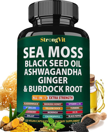 Aceite de Semilla Negra de Musgo Marino Ashwagandha Jengibre, Cápsu...