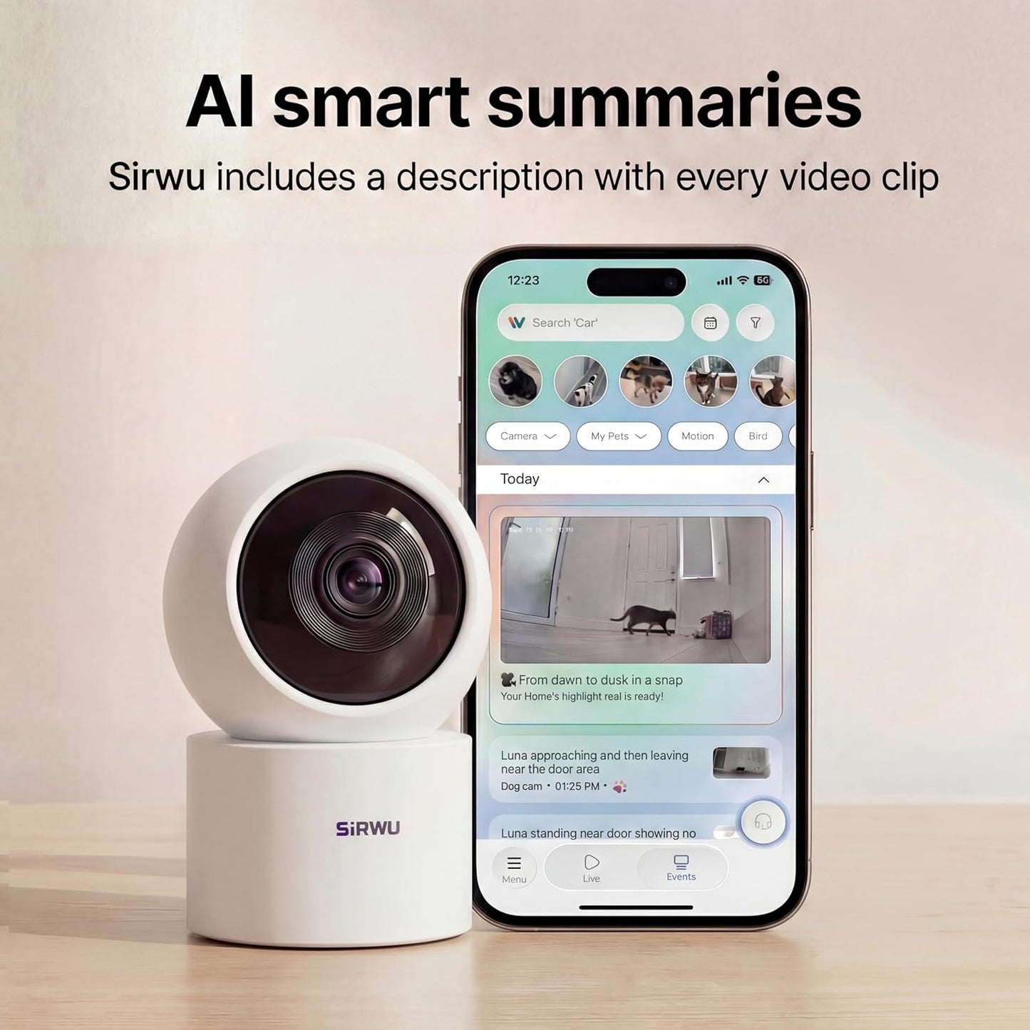 Sirwu Cámara AI Pet para interiores con aplicación de teléfono, cám...