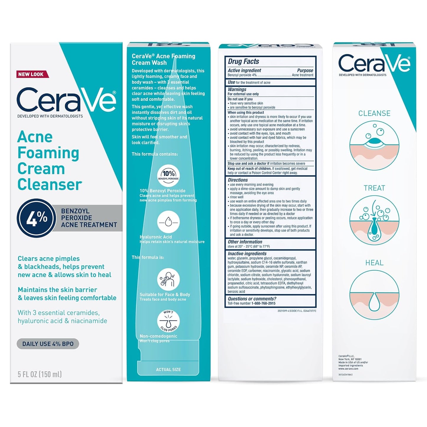 CeraVe Limpiador en crema espumosa para el acné, lavado facial de peróxido de benzoilo al 4% con ácido hialurónico, niacinamida y ceramidas, tratamiento diario suave para el acné para la cara