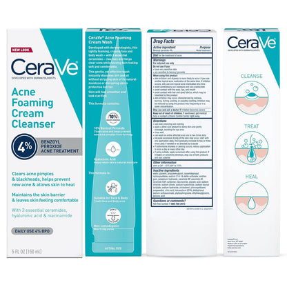 CeraVe Limpiador en crema espumosa para el acné, lavado facial de peróxido de benzoilo al 4% con ácido hialurónico, niacinamida y ceramidas, tratamiento diario suave para el acné para la cara