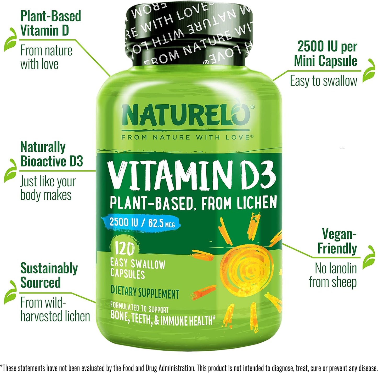 NATURELO Vitamina D - 2500 UI - A base de plantas de liquen - Suple...