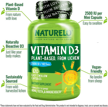 NATURELO Vitamina D - 2500 UI - A base de plantas de liquen - Suple...