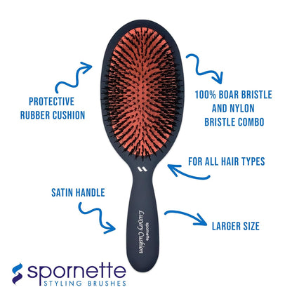 Spornette Cepillo de pelo ovalado de jabalí y cerdas de nailon de lujo grande (#LX-1) con un mango antideslizante de satén suave, ideal para peinar, alisar todo tipo de cabello, pelucas y extensiones